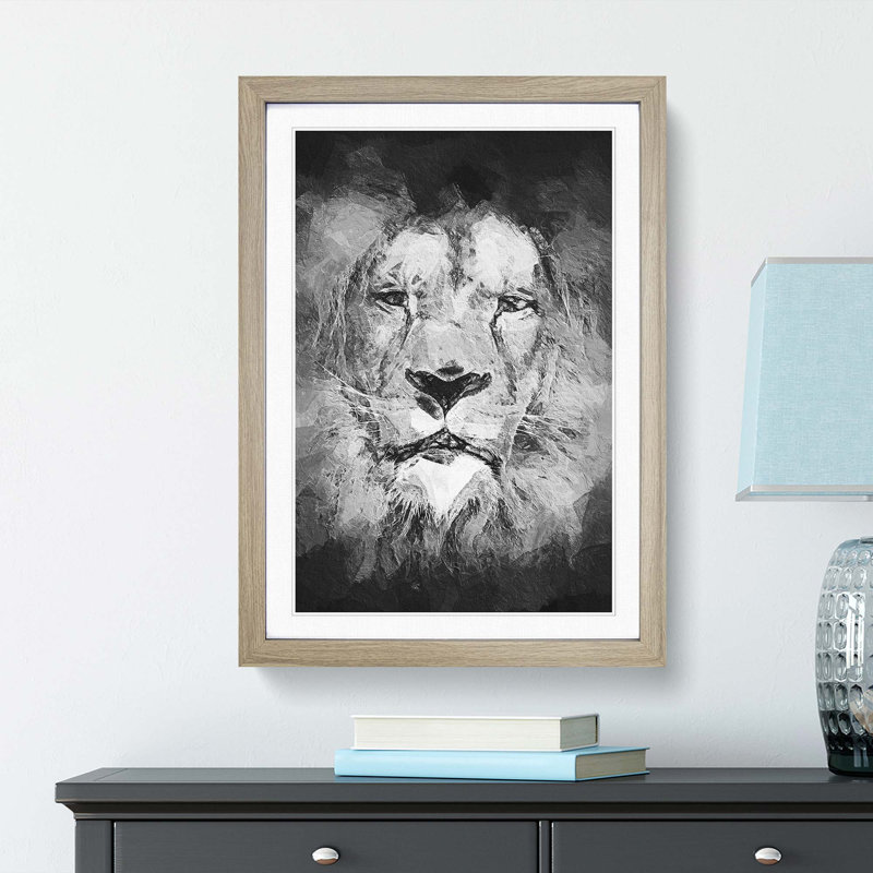 Lion Portrait in Abstract - Picture Frame Painting Print, 65cm H x 48cm W x 2cm D, Oak Framed