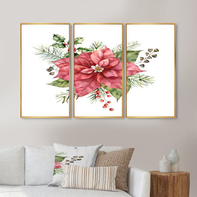 " Holly Mistletoe Berries & Christmas Fir Branch II " 3 Piece Art Painting