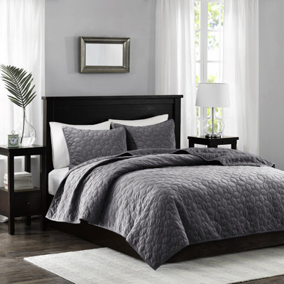 Couette en velours gris 3 pièces pour lit double/queen - Chaude et élégante avec motif géométrique pour plus de chaleur, 1 couette, 2 taies d'oreiller, garnie de coton, lavable à la machine, matelassage renforcé pour une durabilité accrue.