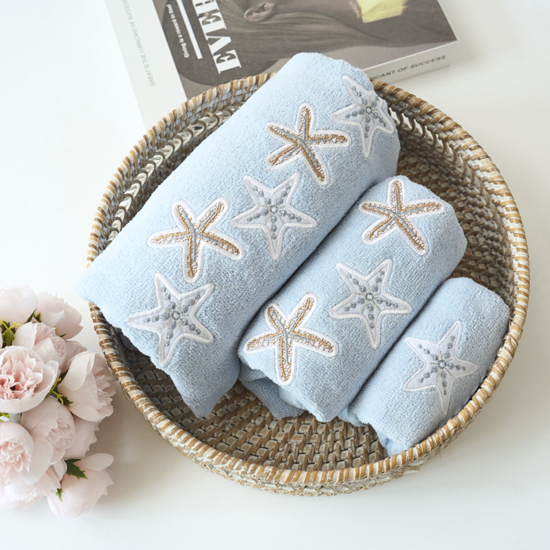 Souderton Home Decor Premium Luxury Ultra Soft 100% Cotton Embroidery Kitchen Bathroom Modern 3 Piece Embroidered Towel Set, Starfish with Blue Base Pattern