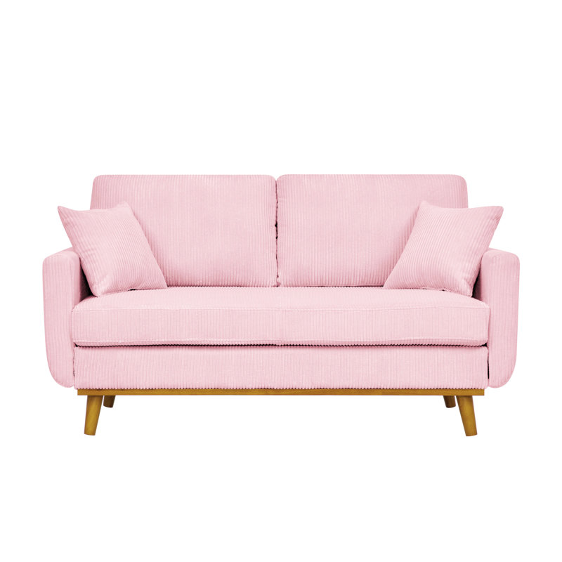 Revêtement Mid-Century 2 places rose en velours côtelé, base en bois, texture à rainures verticales et deux coussins décoratifs pour les petits espaces