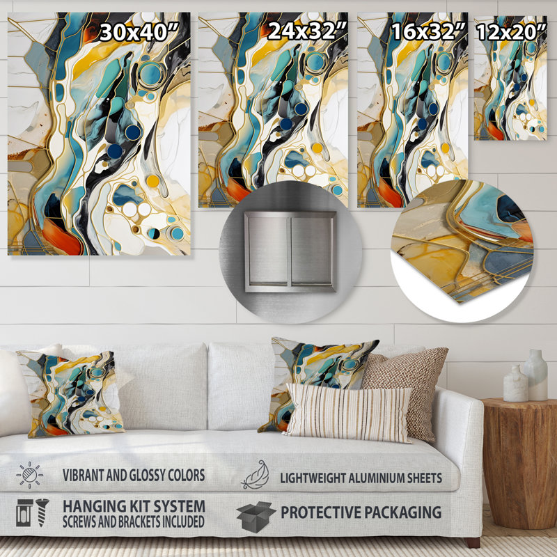«Blue and Yellow», encre liquide abstraite Harmony III - encre liquide, art mural abstrait en métal