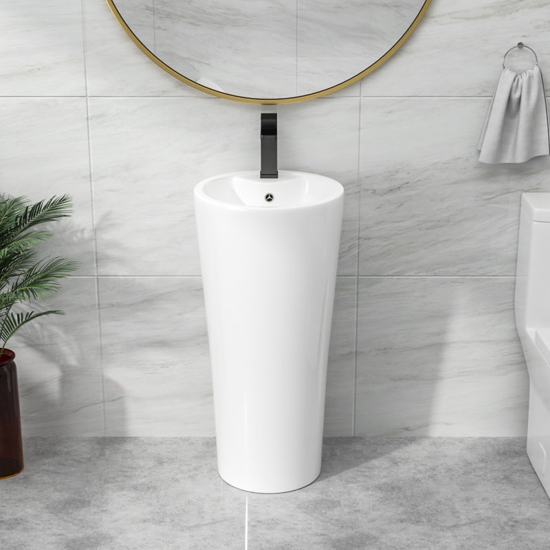 32 1/2" H White Ceramic Circular Freestanding Pedestal Bathroom Sink Lavatory with Overflow