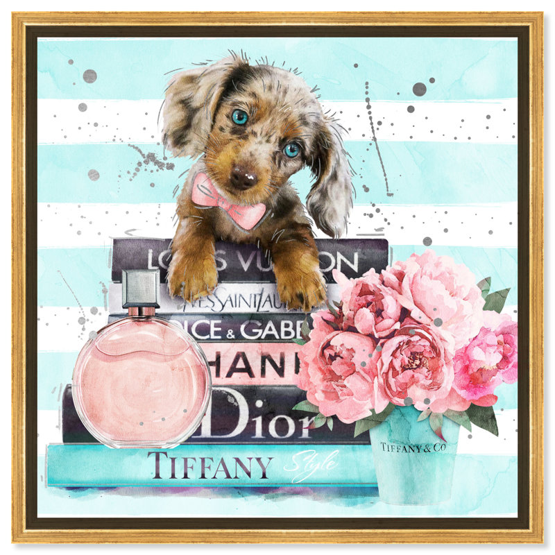 «Doxie Mint Blue», impression sur toile, Cadre flottant doré, H 24 po x l 24 po