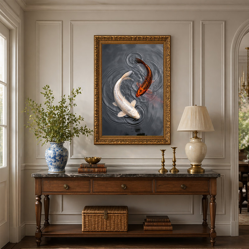 Art sur toile blanc et orange Koi, H 24 po x l 16 po
