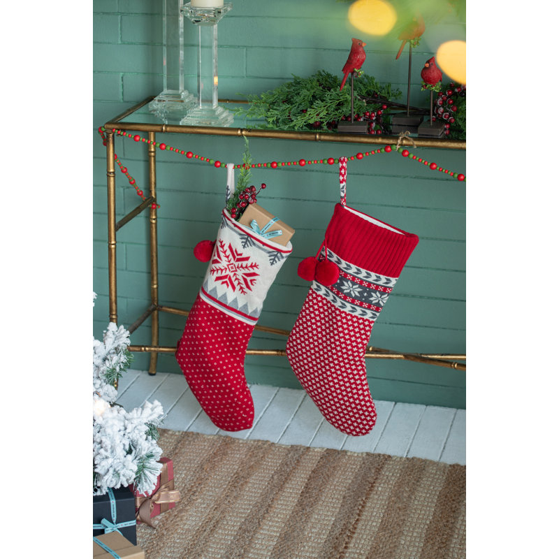 12X25"Red/Gray/White Snowflake Pattern Knit Stocking W/Pom Pom
