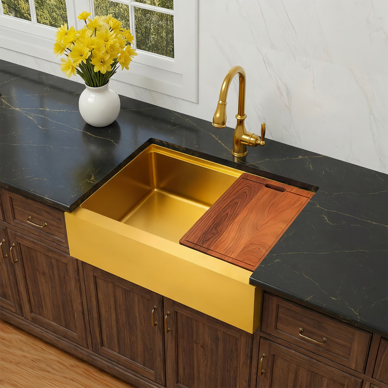  Évier de cuisine 36 po x l 22 po à tablier frontal encastrable en acier inoxydable de calibre 16 avec accessoires, Gold