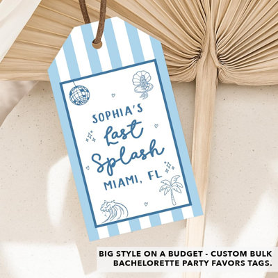 Étiquettes personnalisées «Last Splash Favor», étiquettes rayées bleues «Mermaid Beach Bachelorette», paquet de 20