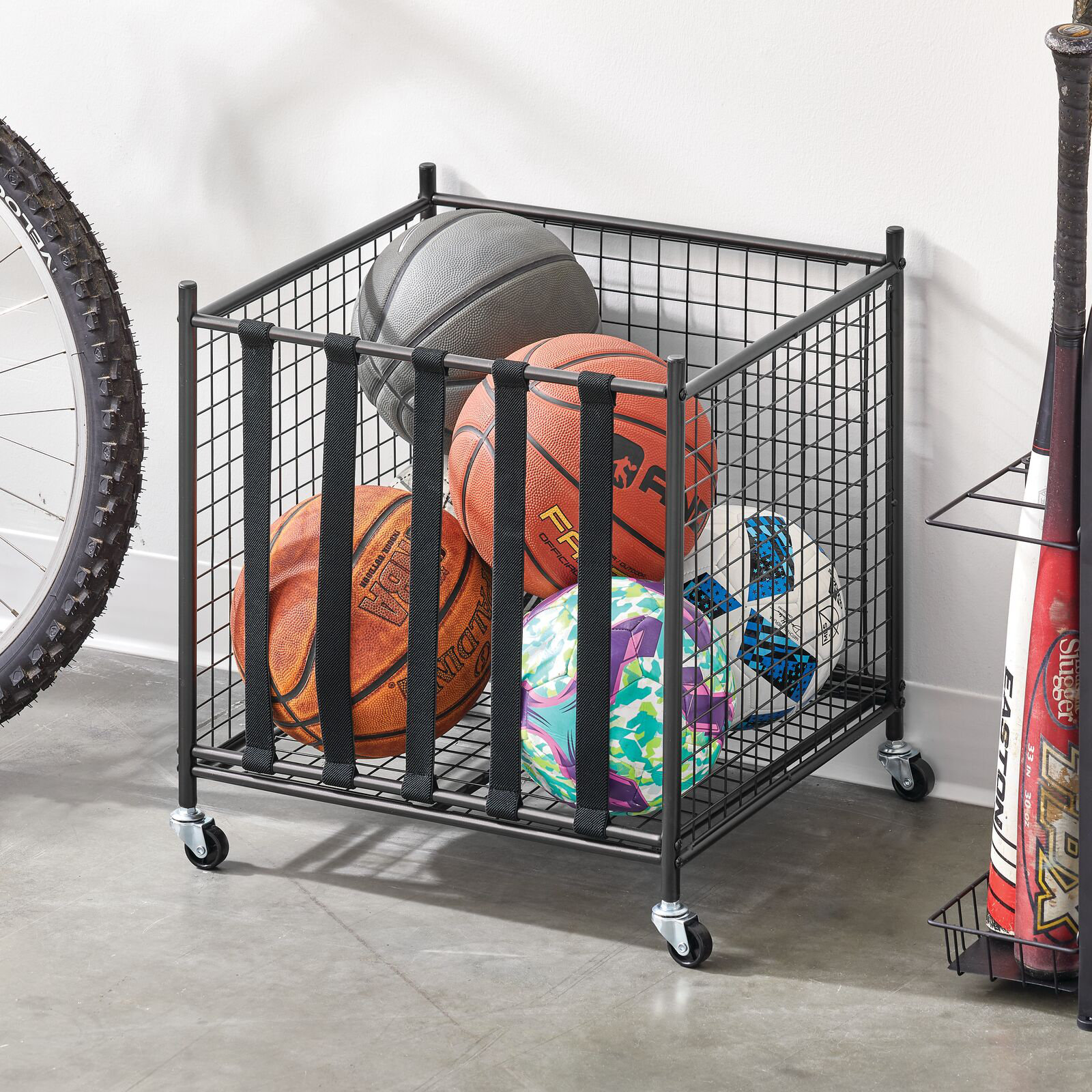 mDesign Metal Rolling Sports Equipment Storage Holder Rack with 4