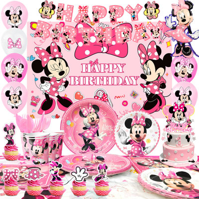 Ensemble de décorations de fête d'anniversaire Minnie Mouse, 113 pièces d'articles de fête Minnie Mouse et ensemble de vaisselle pour enfants Minnie Mouse
