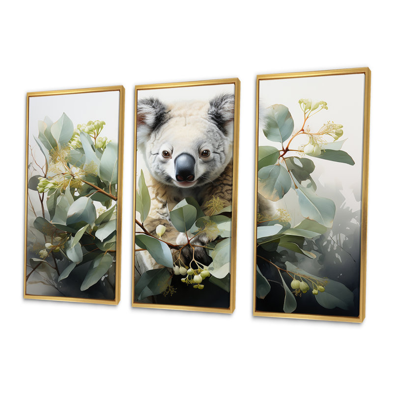 Aquarelle, Koala, arbre, observateur 3, art mural Koala, Cadre flottant doré, H 28 po x l 36 po