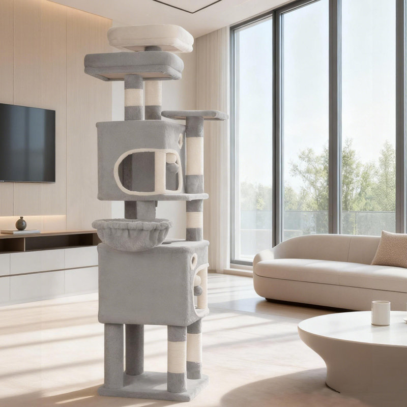 Arbre à chat 62,6 po pour chat d'intérieur, tour pour chat, condo à plusieurs niveaux avec 8 poteaux à griffer, 3 plateformes, 2 grottes, panier, boules moelleuses, corde en sisal, ensemble anti-basculement, gris clair