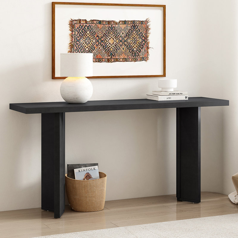 Élégante console avec placage de pin et pieds géométriques, idéale pour le salon, le bureau et la salle à manger, Noir