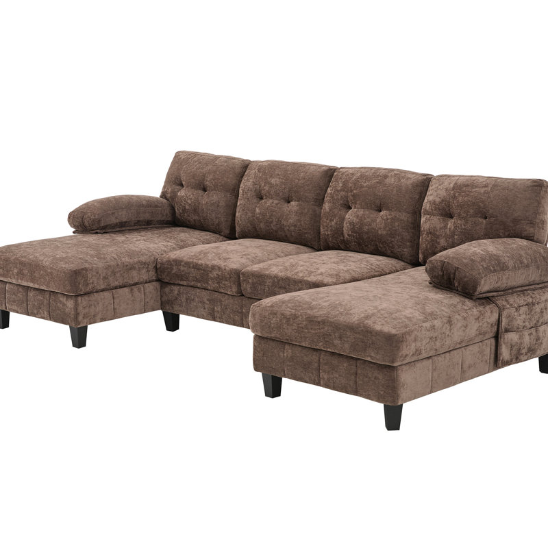 Chenille brune en forme de U avec deux chaises longues, des poches de rangement et des coussins pour les accoudoirs pour une atmosphère confortable. Tissu en chenille de 103,5 po avec coussins