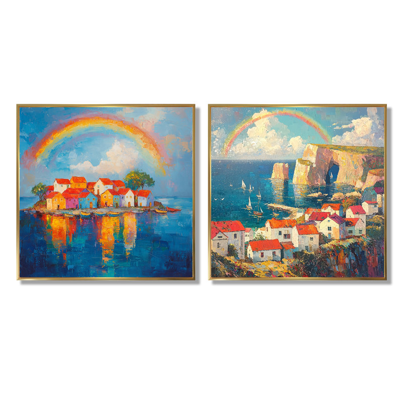 Coastal Rainbow Over The Fishing Village III - Art mural arc-en-ciel - Art mural traditionnel sur toile 2 pièces, Doré