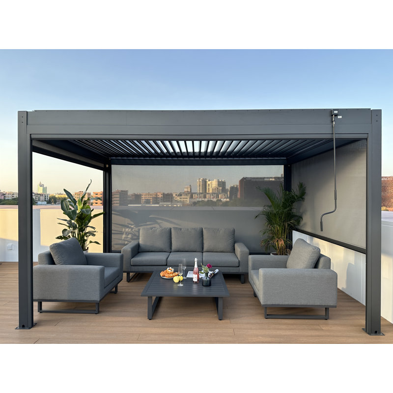 Braxley 3.6 x 4 Aluminum Pergola with Lights and 4 Side Curtains