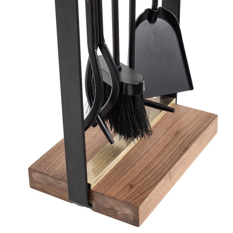 Modern Black Steel Fireplace Tool Set with Walnut Wood Handles