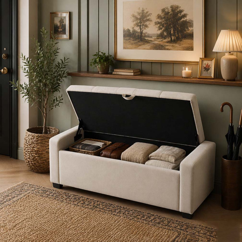 Repose-pieds 48 po avec rangement, banc de rangement pour repose-pieds, Beige