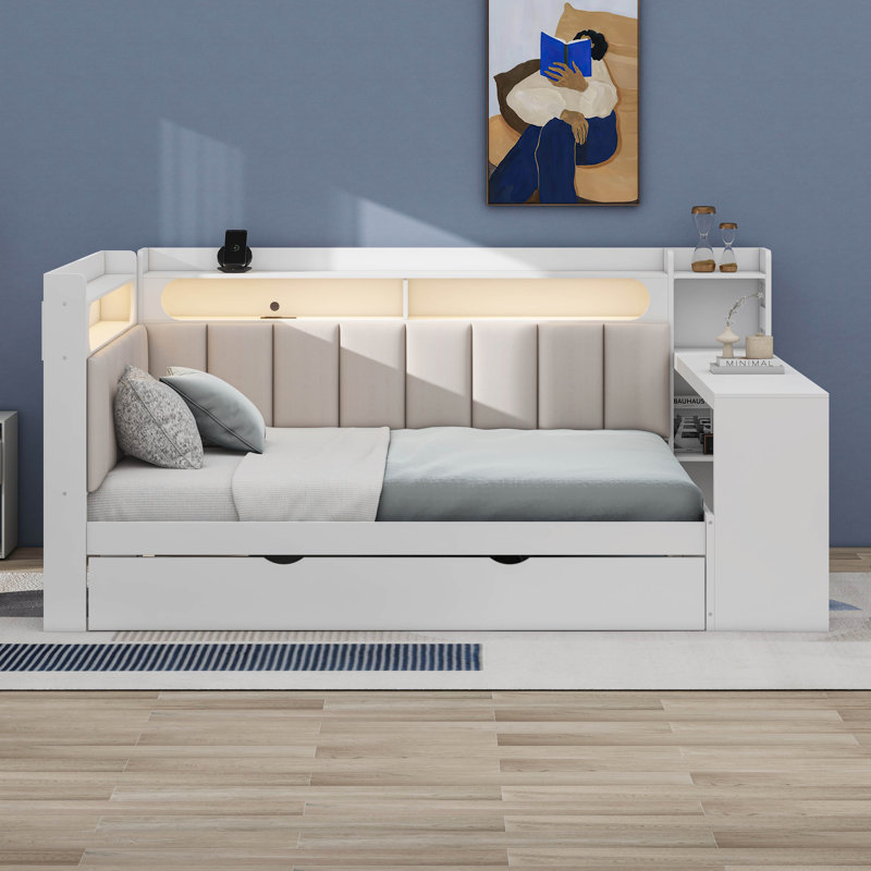 Full Size Corner Bed Frame, Daybed With Storage Shelves & Trundle, Wood Corner Bed With LED Light, Desk, White/Beige