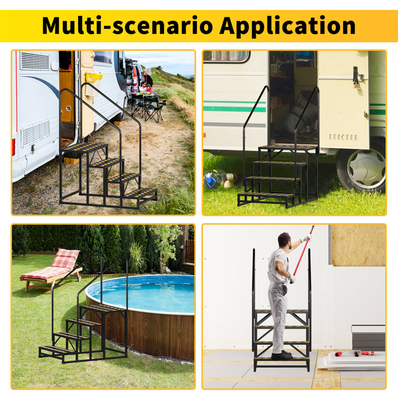 4 Steps Rv Steps With 2 Handrails, Non-slip Hot Tub Steps, Mobile Home Stairs With Non-skid Tapes, Outdoor Steps For Spa Pool, Camper, Travel Trailers, Porch