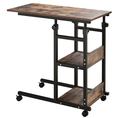 3 Storage Side Table With Adjustable Height, , Brown Finish , Rolling Wheels,
