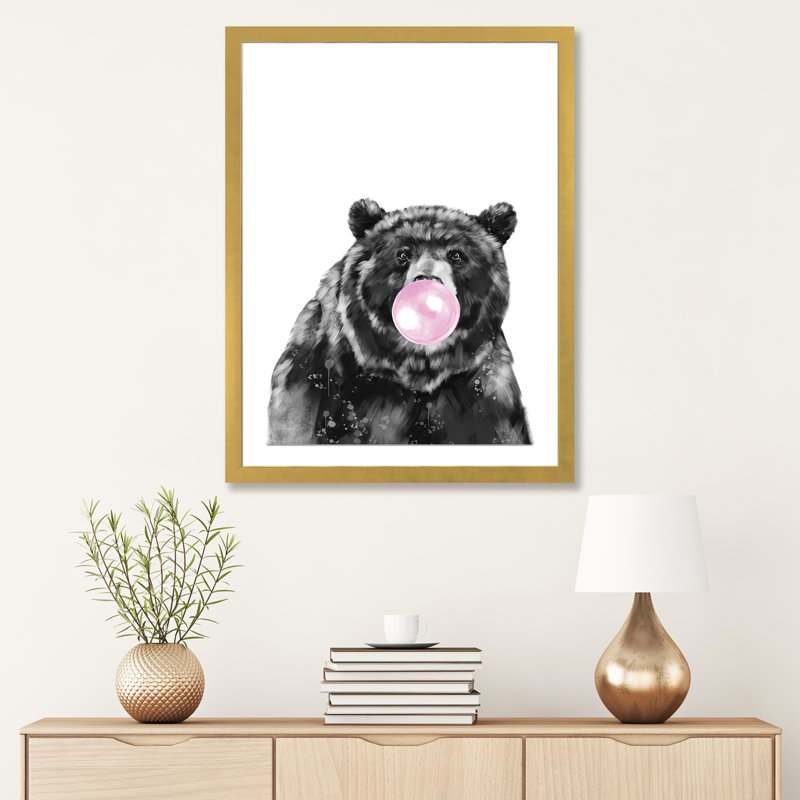«Bubble Gum Big Black Bear» par Big Nose Work - impression d'art graphique, H 32 po x l 24 po x P 1 po, Papier encadré doré