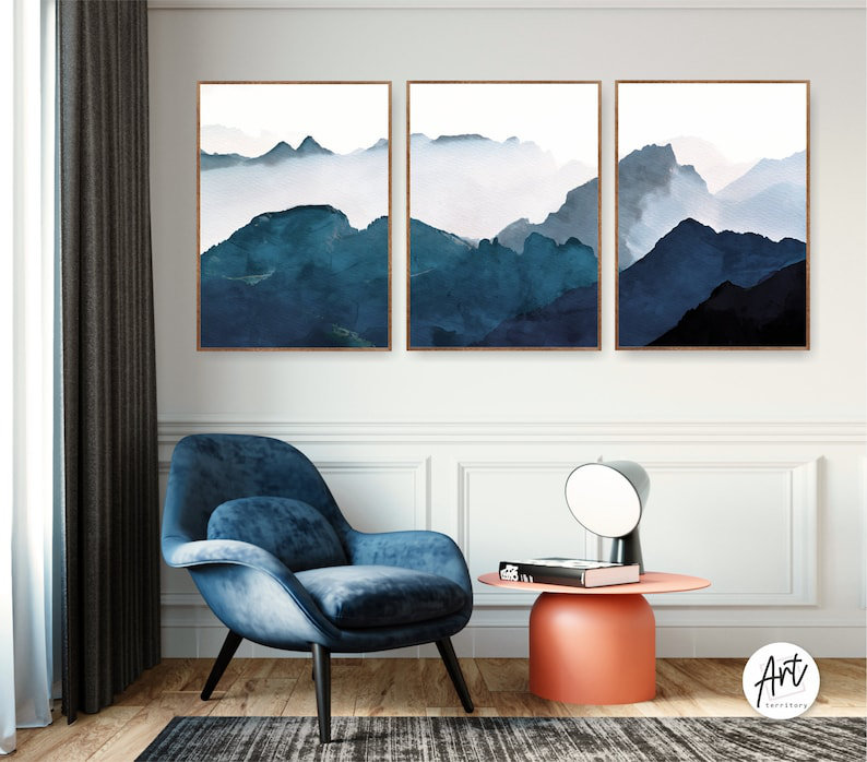Aquarelle, montagnes bleues, art mural, parc national, Toile tendue, H 20 po x l 48 po x P 0,75 po