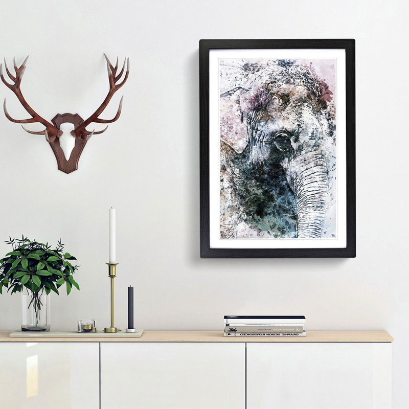 Graceful Elephant Portrait in Abstract - Picture Frame Painting Print, 36cm H x 27cm W x 2cm D, Black Framed