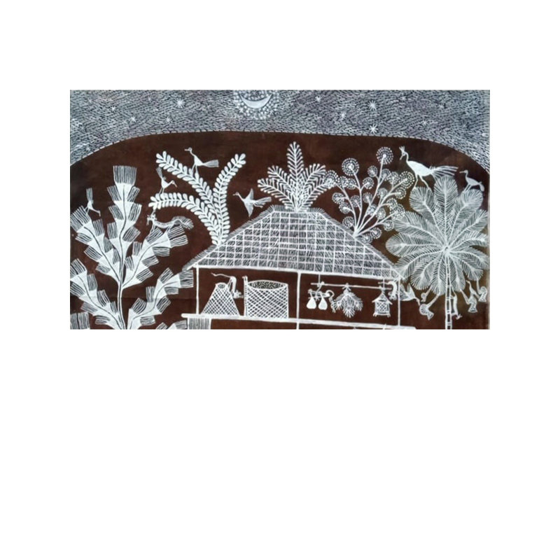 Maison au bord de la rivière dans un village - Art Warli | Bouse de vache et acrylique sur toile Manjarpat | Par Pravin Mhase