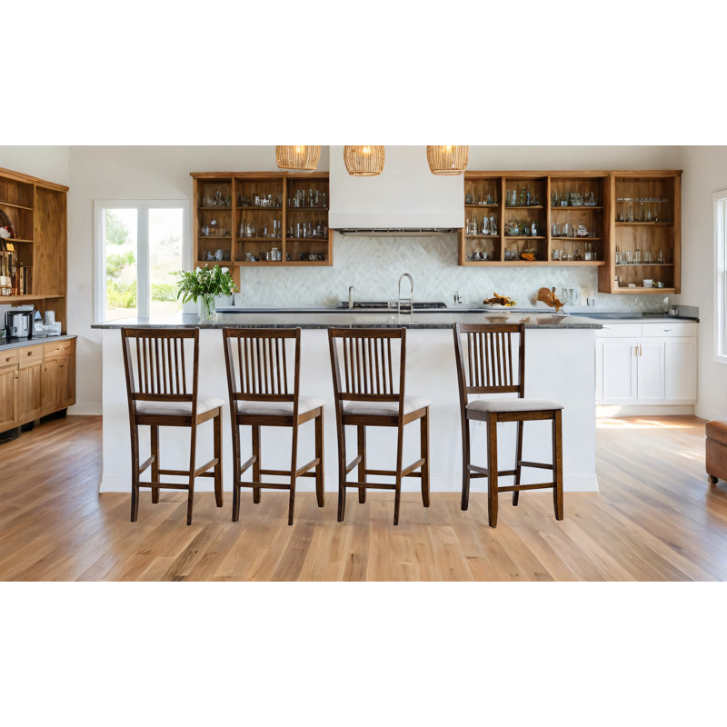Tabourets de comptoir chic en bois à dossier à lattes avec sièges rembourrés, Brun, 4