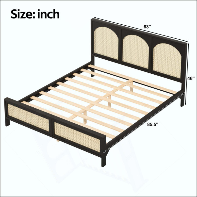 Lit plateforme en bois avec tête et pied de lit en rotin, Noir, Grand lit