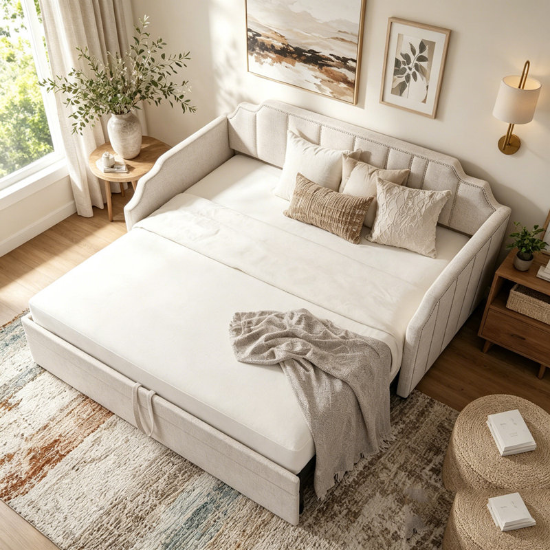 Lit de jour simple rembourré avec couchette escamotable et ports de chargement USB, Beige