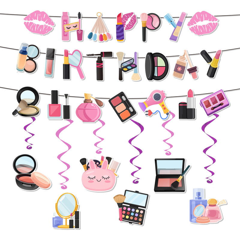 Makeup Birthday Party Decorations, Makeup Banner With Spiral Decoration Set