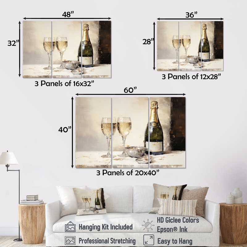 Golden Champagne In Glass I - Ensemble de décorations murales champagne, H 40 po x l 60 po