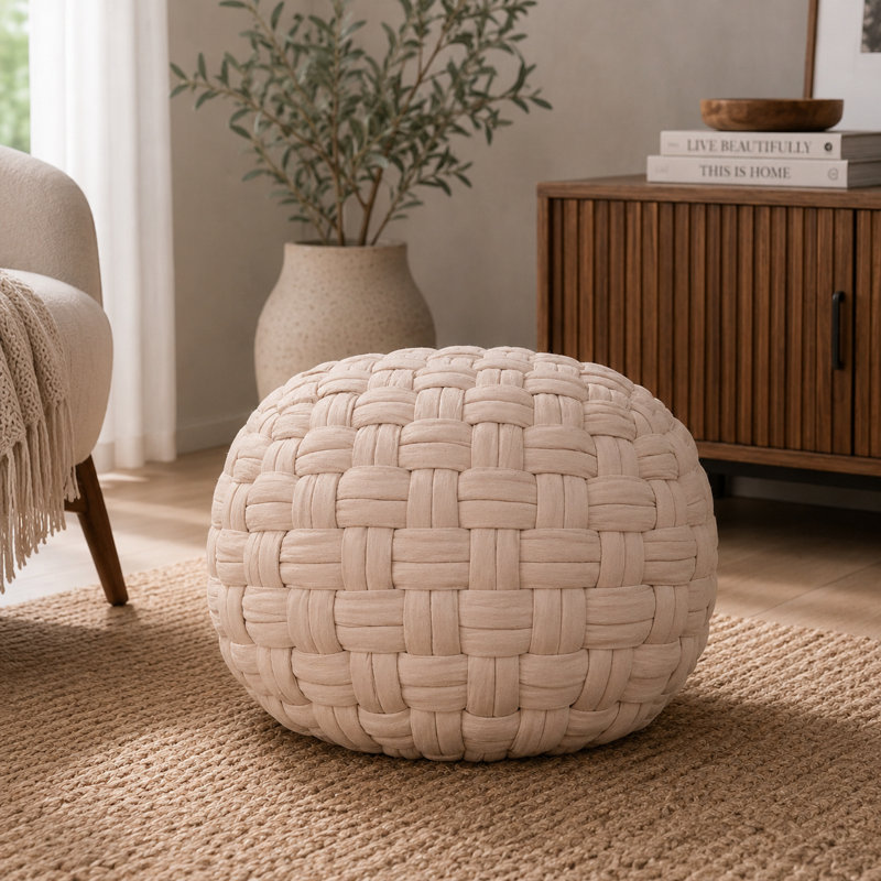 Kresten 48cm Wide Round Solid Colour Pouffe Ottoman, Cream