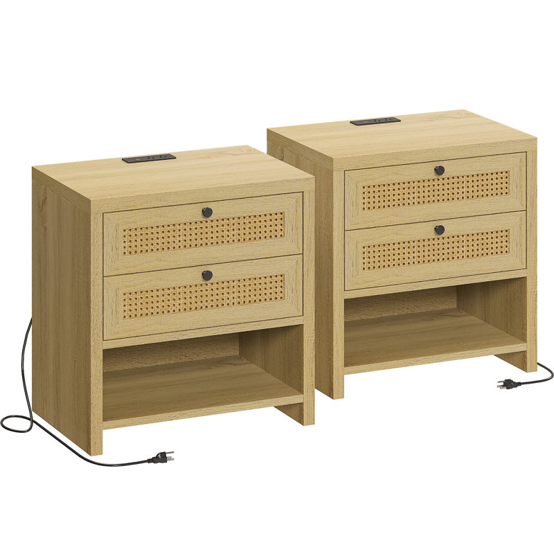 Vena 23" Boho Night Stand Set of 2 with Charging Station, Rattan Drawers and Open Shelf, Natural/Oak