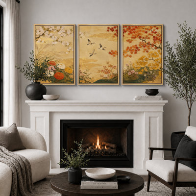Japanese Garden Floral Landscape Artwork, Dining Room Pictures, Framed Canvas Giclee Print 3 Pieces Wall Art 