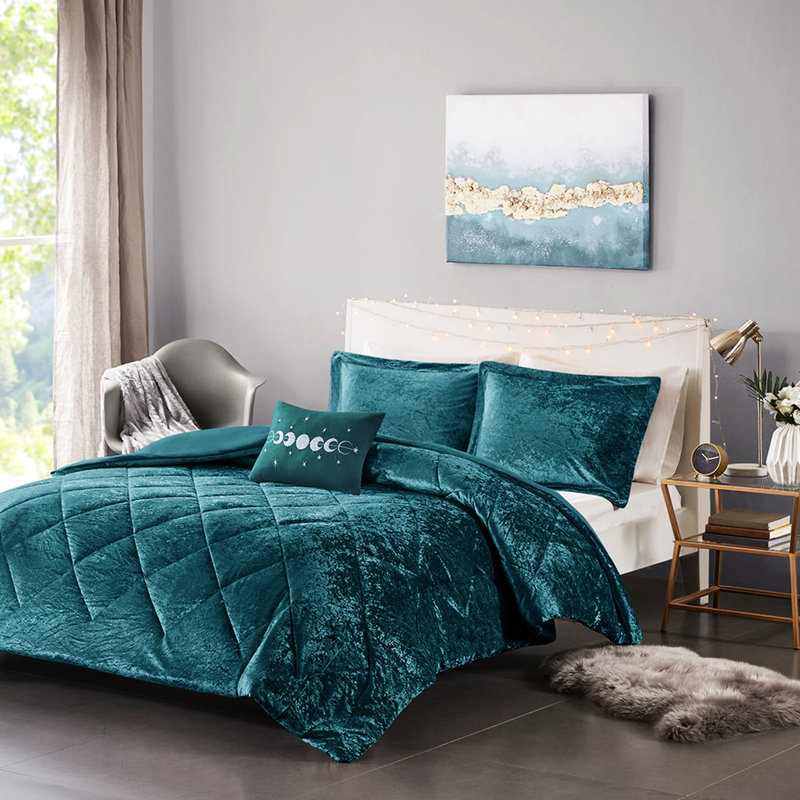 Housse de couette en velours bleu sarcelle double / grand, style, avec coussin, facile à laver