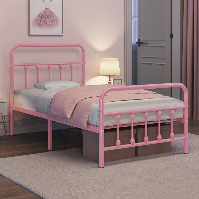 Lit plateforme classique en fer avec tête et pied de lit hauts, Simple, Rose