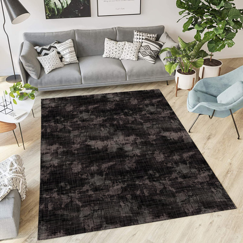 Tapis intérieur / extérieur rectangulaire en polyester tissé à la machine en noir / gris, Rectangle 2 pi x 3 pi