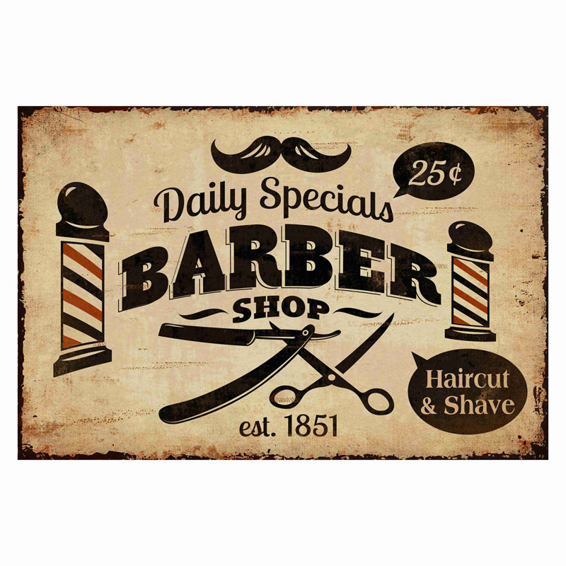 «Daily Specials Barber Shop Est 1851», impression d'art textuel sans cadre sur métal