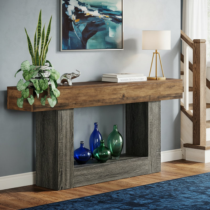 63" Wooden Console Table, Farmhouse 2-Tier Sofa Table Entryway Table, Brown