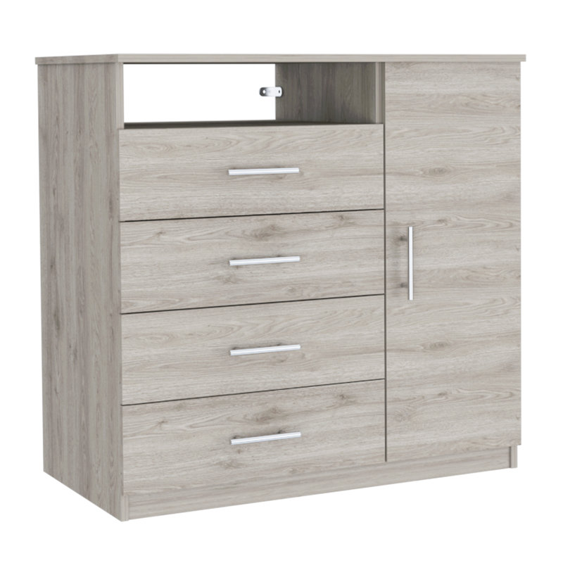Commode 4 tiroirs avec placard vertical Khenadi, Gris clair