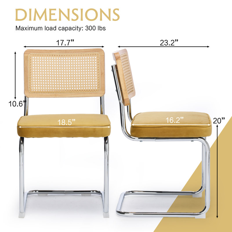 Chaise d'appoint rembourrée Crumley avec dossier en rotin et structure en acier, Velours jaune
