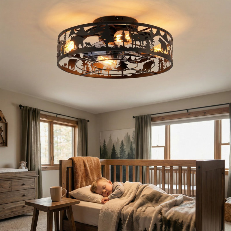 Ventilateur de plafond en cage noir mat 20 po avec lumière et télécommande, moteur sans lame et réversible à 6 vitesses Woodland