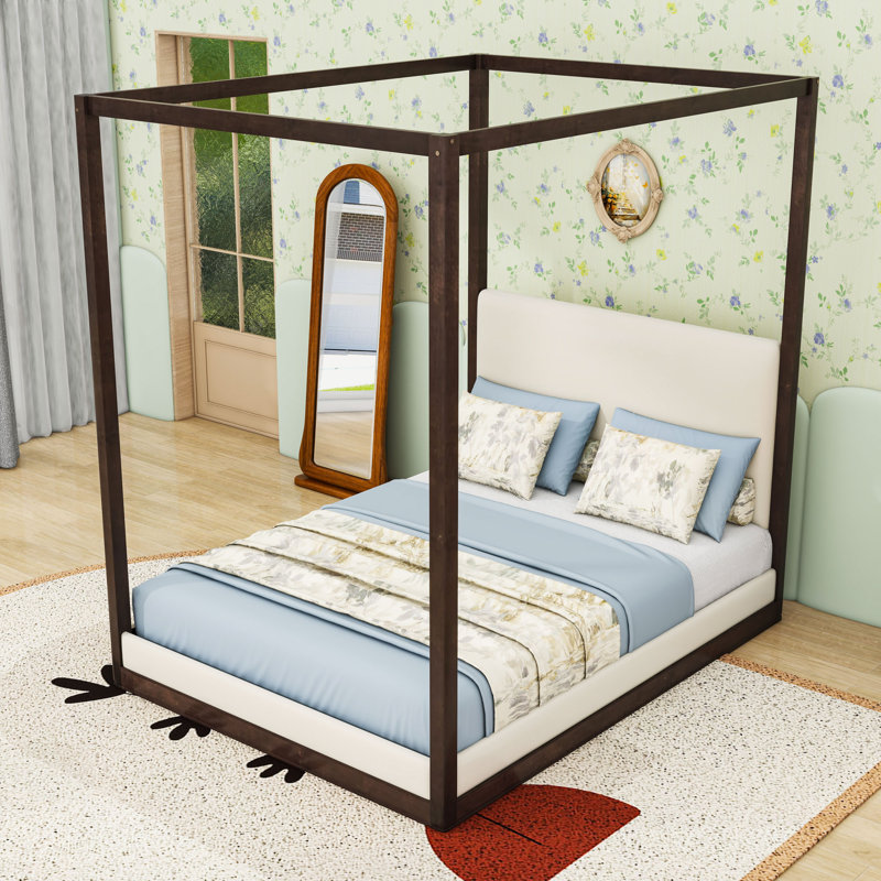 Lit plateforme à baldaquin en bois luxueux avec tête de lit tapissier et lattes, Espresso/White, Queen