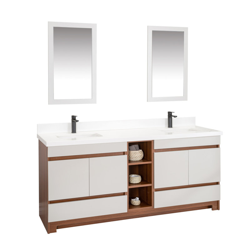 Ensemble de meuble-lavabo double 71 po avec miroir Kunta, Noyer / Blanc