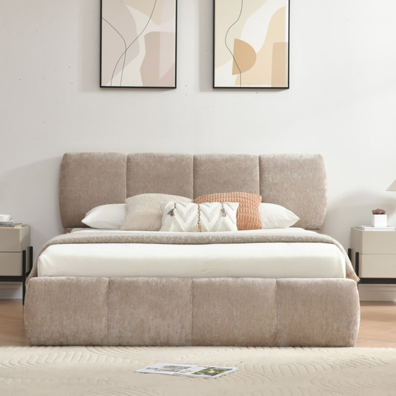 Steinbach Hydraulic Lift Up Storage Upholstered Platform Bed with Low Profile Bed Frame, Grand lit, Taupe