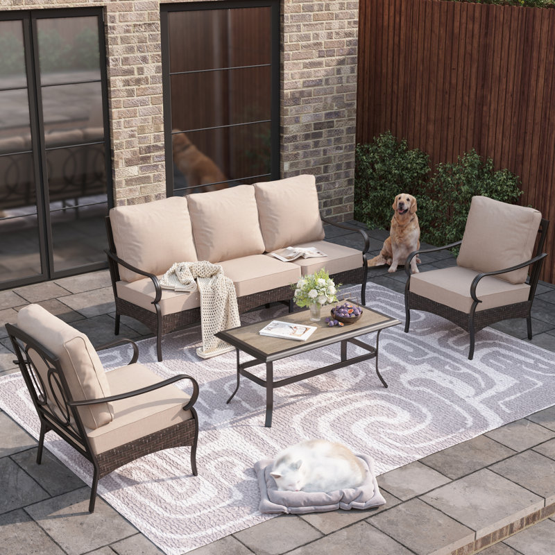 Outdoor Patio Conversation Set With Cushions, Beige