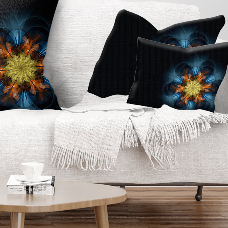 Fleur symétrique bleue, orange et fractale - coussin imprimé abstrait, Rectangulaire, 12 po x 20 po